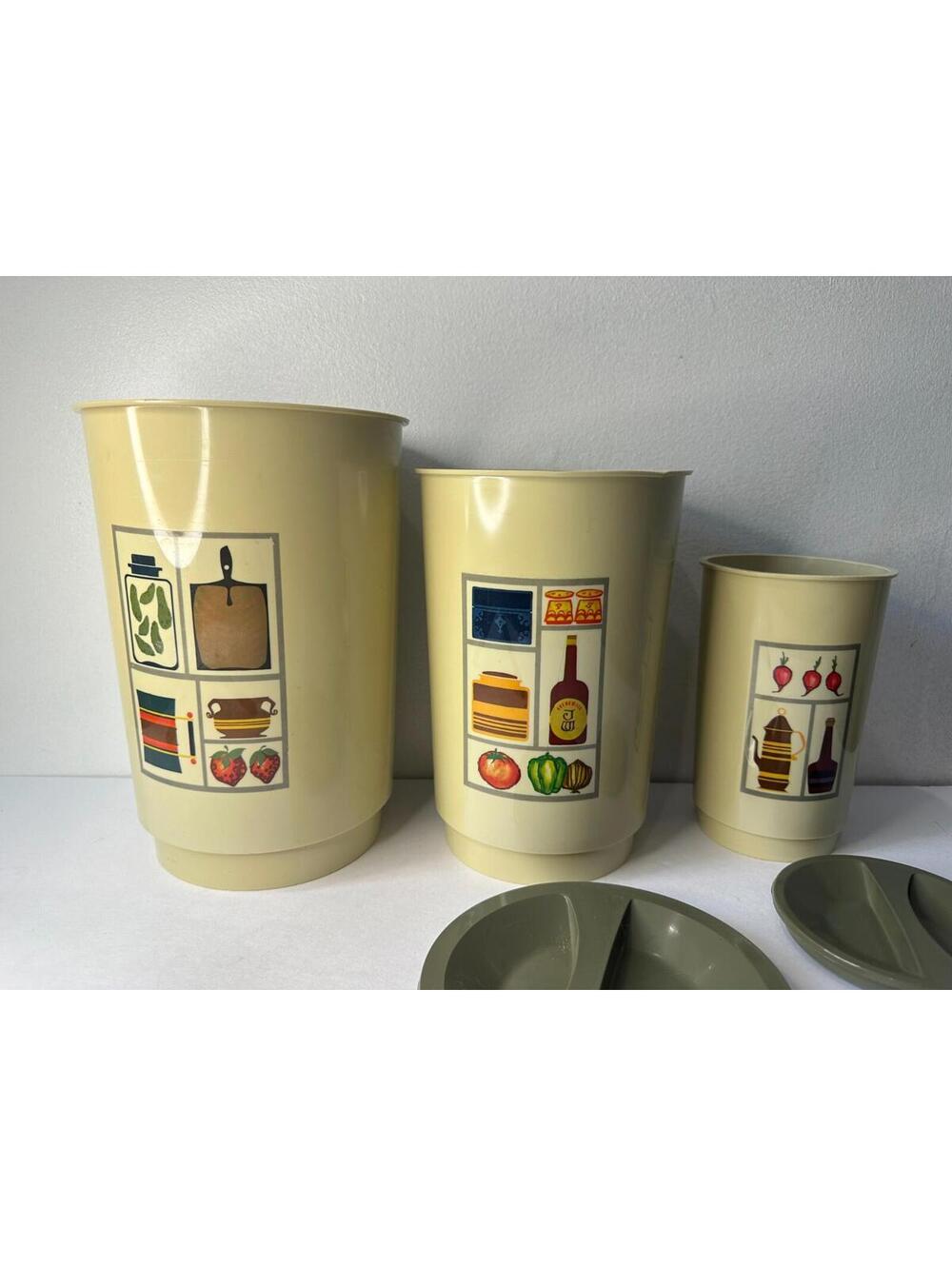 Vintage MCM 1970s Plastic Canister Set 3 Pc Ivory Cream Kitchen Pantry Graphic